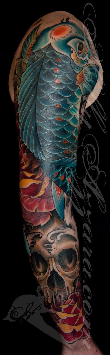 Traditional Koi Fish with skull and roses coverup sleeve closeup Design Thumbnail
